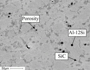 Figure 1: SEM image of the cross-section of an Al-12Si coating reinforced with 20% vol. SiC particles below 25 µm. The grey regions and the darker spots correspond to the Al-12Si and the SiC, respectively.