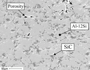 Figure 2: SEM image of the cross-section of an Al-12Si coating reinforced with 30% vol. SiC particles below 32 µm. The grey regions and the darker spots correspond to the Al-12Si and the SiC, respectively.