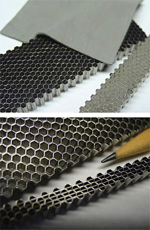 Fig 3 Flexible BFM transfer tape. The tape resides inside each cell after it has been pressed into place; Fig 4 Amorphous BFM foil is easily placed into the honeycomb for OEM use: foil conforms to the sides of each honeycomb cell (left), courtesy of Neomet; foil goes through each cell (right), courtesy of AeroVision