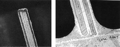 Fig. 7 (above) BFM powders, paste, and transfer tape are applied from inside the cell itself, rather than inside the node of each cell. Thus, a lot of the BFM will coat the surfaces of the honeycomb, and build up significant fillets at the base of each cell. This cross section was brazed with powder BFM
