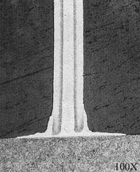 Fig 8 (right) Cross section of a honeycomb node brazed with preplaced amorphous foil shows a near-perfect brazement with excellent bonding to substrate and the lack of braze coating on cell-wall surfaces (0.002 in. thick Hastelloy honeycomb and 0.0025 in. thick AMS 4777 BFM. Courtesy of AeroVision