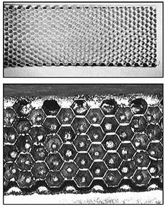 Fig 10 Amorphous-foil brazed honeycomb (top view) with no fillets showing. Courtesy of AeroVision; Fig 11 Honeycomb with large fillets at the base of each cell. The small round spots at the bottom of the cells will glow like “fish-eyes” under lamp inspection