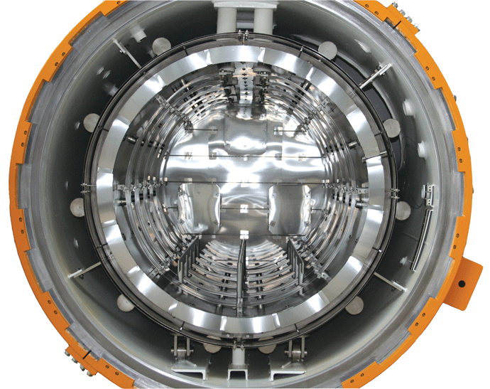 Fig. 1. Modular hot zone within vacuum chamber showing heating incl. insulation, supporting structure and hearth.