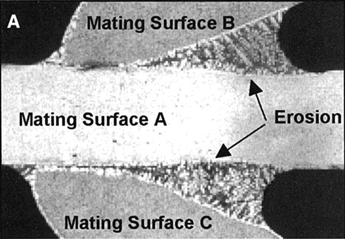 Fig. 3 --  Aluminum mating surfaces showing significant erosion (dissolution) of base metal (Mating Surface A).  Photo courtesy of Ed Patrick (E.P.Patrick Associates).