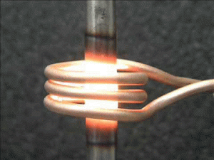 Fig. 1 -- Induction coil used to heat a metal post. Photo courtesy of GH Induction Atmospheres.