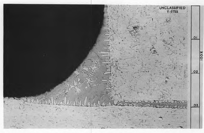 Fig. 4. Cross-section of an EN-plated 316-stainless steel joint. The joint was brazed in pure dry hydrogen at 1800°F (980°C) for 10-minutes at brazing temp. (Photo courtesy of Oak Ridge National Laboratory’s ORNL-2243 report: “Electroless-Plated Brazing Alloys”, 1957)