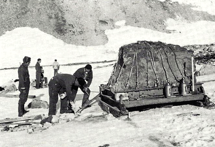 Figure 2: The 20 ton “Agpalilik” Cape York meteorite specimen, discovered in 1963 by Dr. Vagn Buchwald in Greenland, was moved totally by hand over snow and ice in August 1965 to the Melville Bay sea coast where it was loaded onto the M/S Edith Nieslsen in August 1967 and taken to Copenhagen.