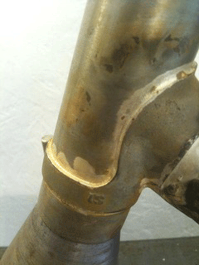 Fig. 10. Note the very small fillets around these torch-brazed bicycle frame parts. The strength is inside the joint, not in any large external fillets. (Photo courtesy of Richard Hallett of Road.cc)